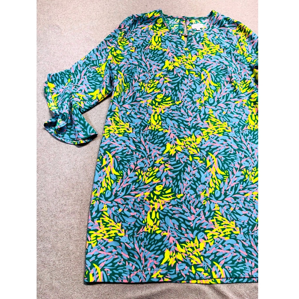 Mud Pie Womens L Tropical Print Shift Dress Ruffle Bell Sleeve Green Pink Yellow - Picture 2 of 10
